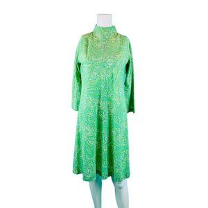 Vintage 1960s Lime Paisley Print Dress Green Mockneck Sheath | B 32"
